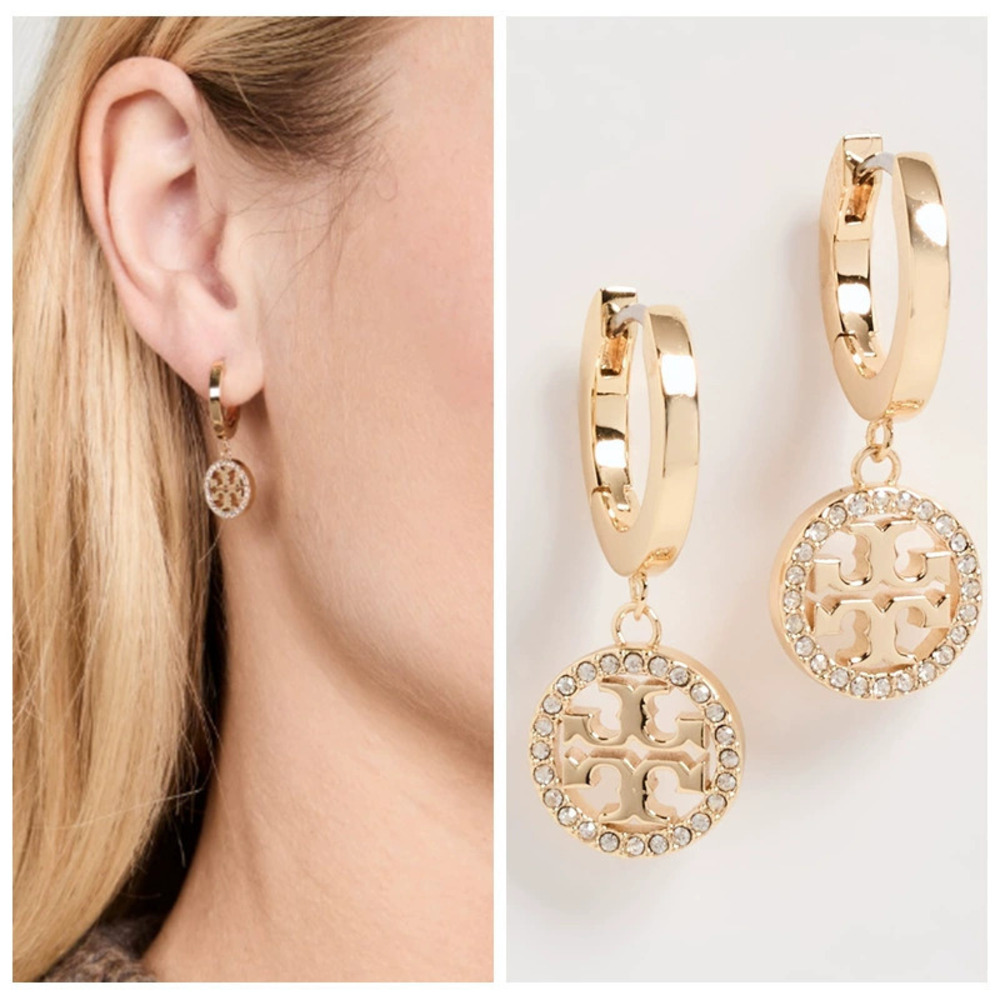 Tory Burch Gold Full Pave Diamond Basic Logo Pendant Earrings